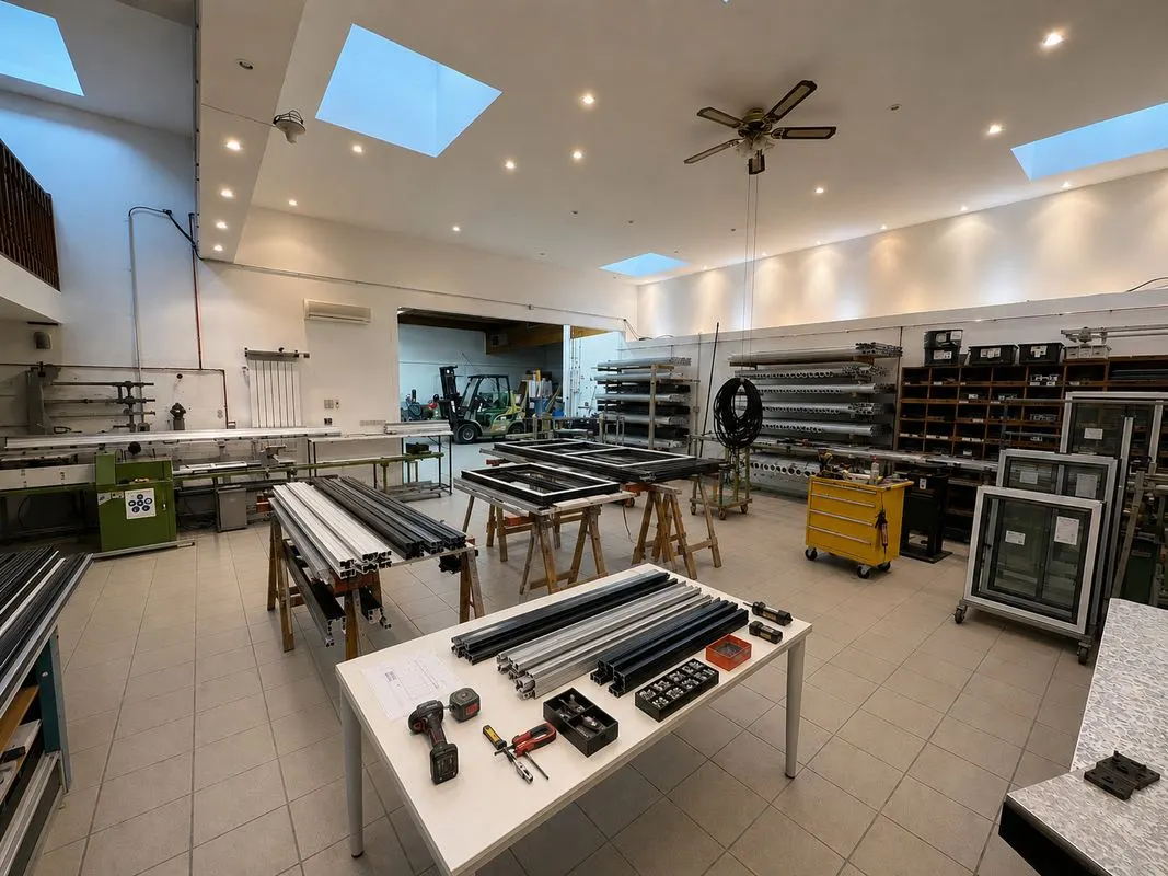 Atelier d'assemblage SARANGE à Combs-la-Ville : profilés aluminium et cadres de fenêtres sur les établis
